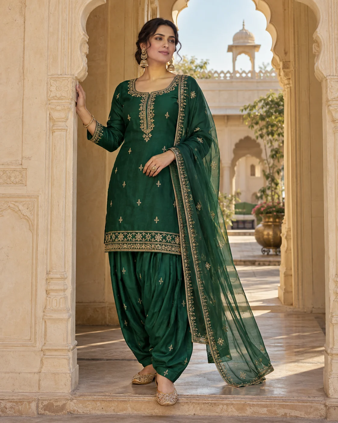 Illustrative emerald Punjabi suit with gold details and a sheer dupatta