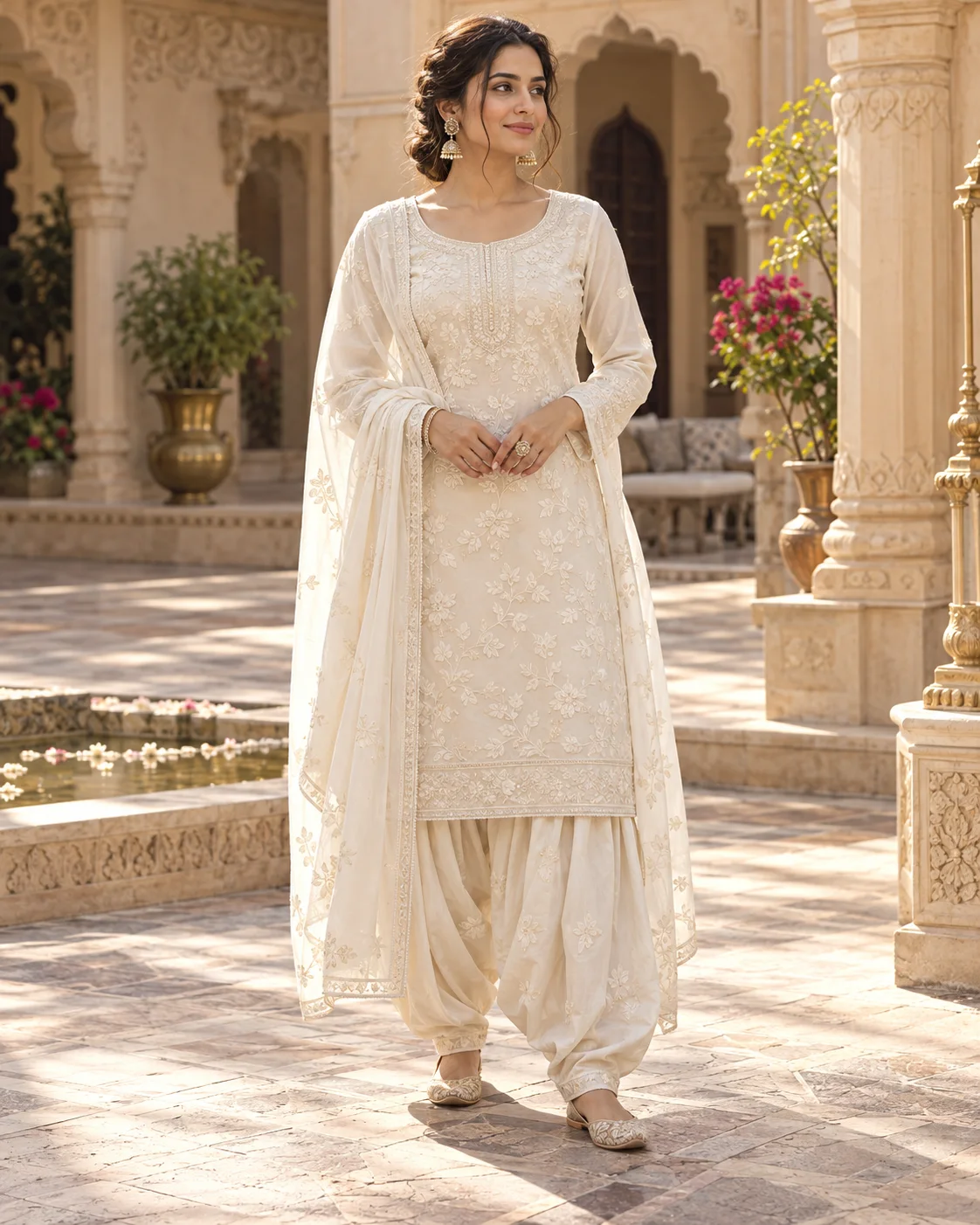 Illustrative ivory Punjabi suit with a softly draped dupatta