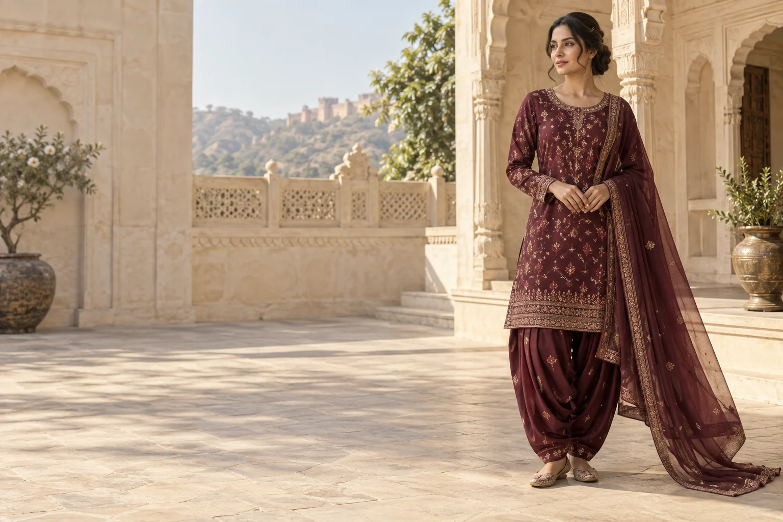 Punjabi suit inspiration: wine-coloured embroidered salwar kameez in a sunlit courtyard